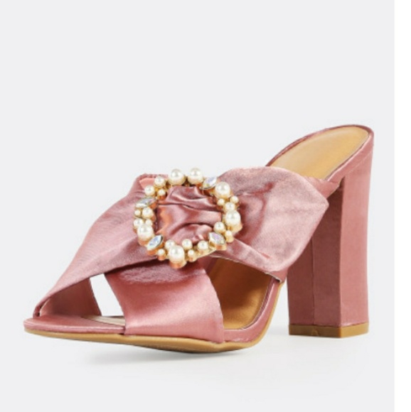 Pink Mauve Satin Silk Embellish Mule Heel Sandals - Picture 3 of 8